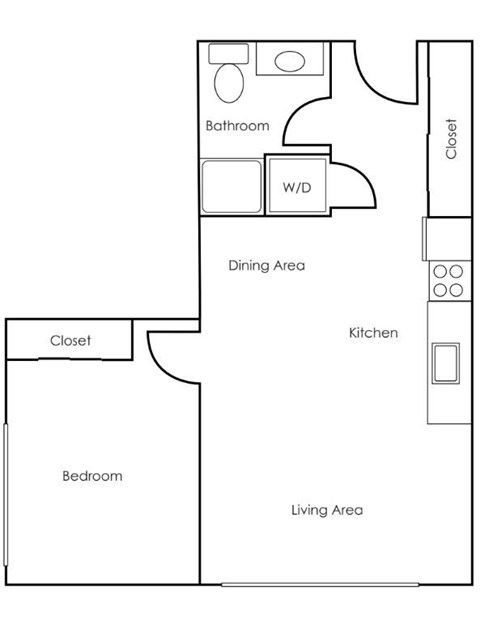 A floor plan of a living area with a bedroom, bathroom, kitchen, and dining area.